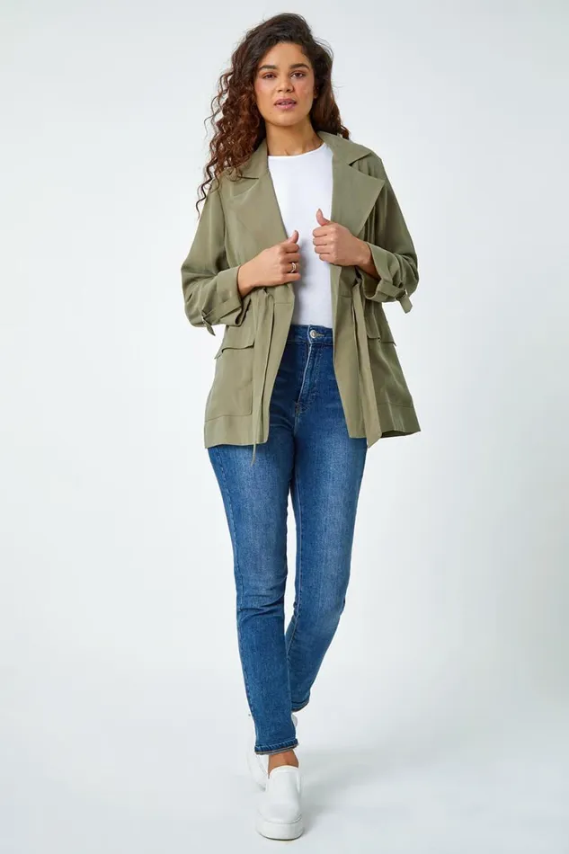 Women Khaki Collared Tie Waist Cargo Jacket Roman Jackets