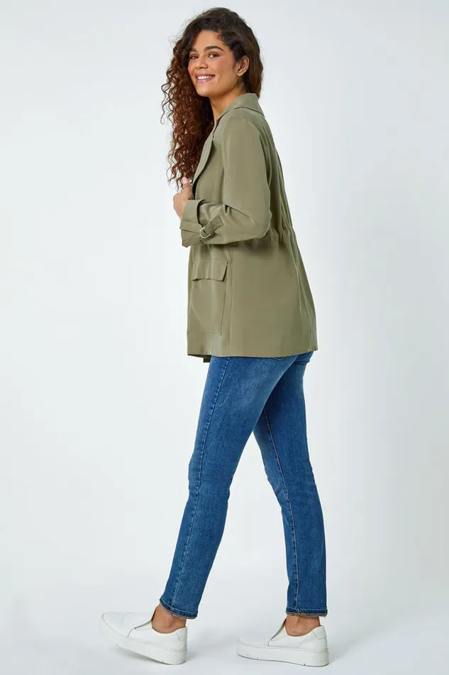 Women Khaki Collared Tie Waist Cargo Jacket Roman Jackets