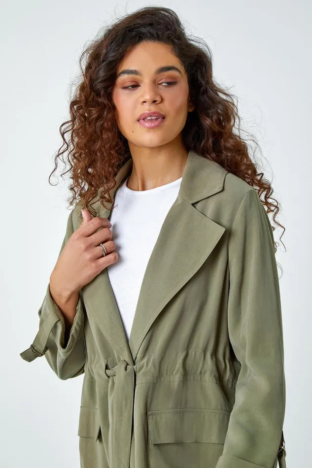 Women Khaki Collared Tie Waist Cargo Jacket Roman Jackets