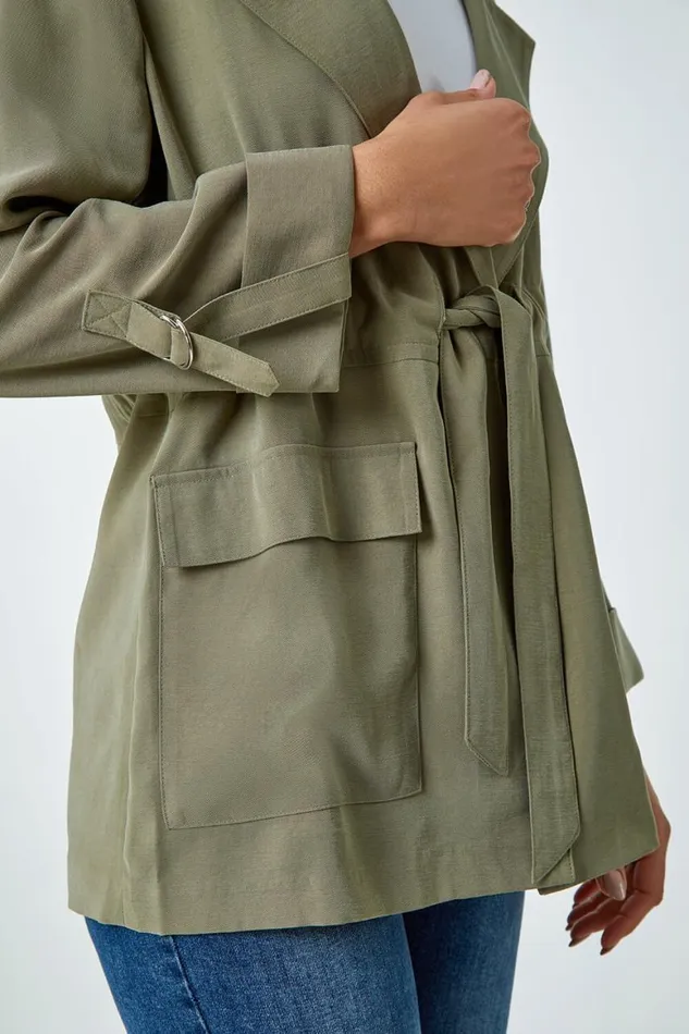 Women Khaki Collared Tie Waist Cargo Jacket Roman Jackets