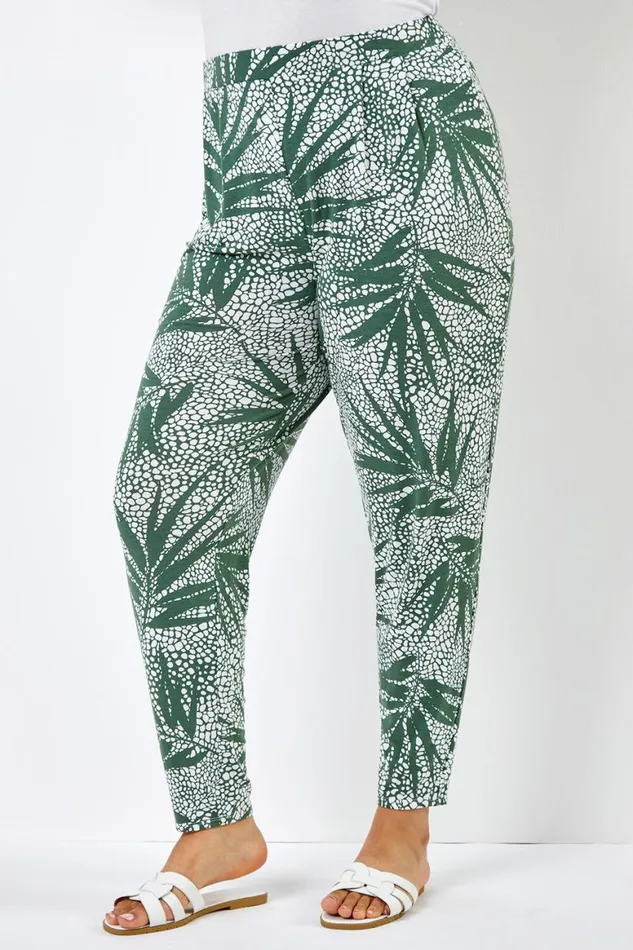 Women Khaki Curve Leaf Elastic Waist Jersey Tapered Trouser Roman Trousers