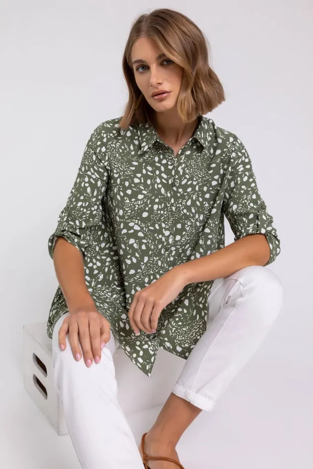 Women Khaki Ditsy Spot Tunic Blouse Roman Tops