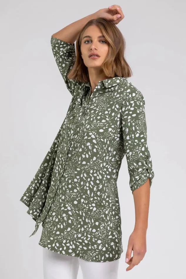 Women Khaki Ditsy Spot Tunic Blouse Roman Tops