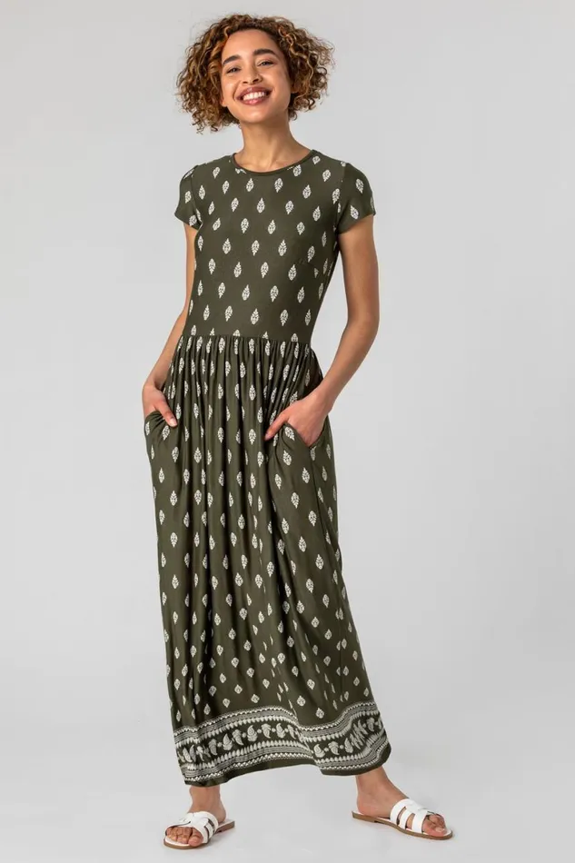 Women Khaki Paisley Border Print Maxi Dress Roman Dresses