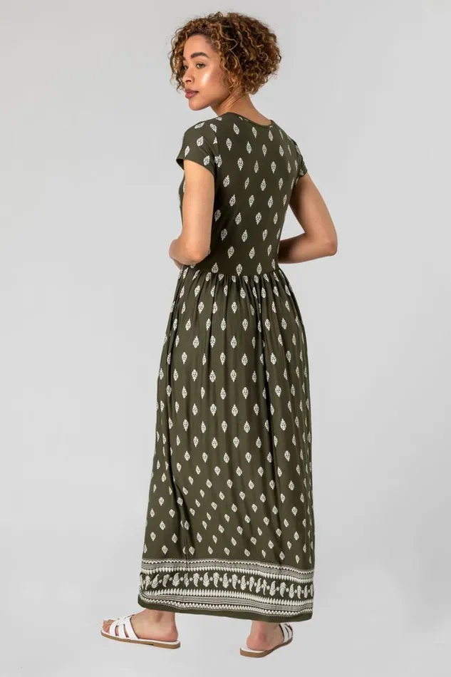 Women Khaki Paisley Border Print Maxi Dress Roman Dresses