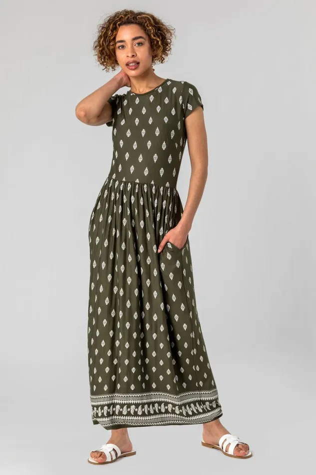 Women Khaki Paisley Border Print Maxi Dress Roman Dresses