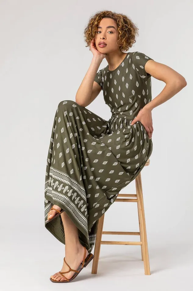 Women Khaki Paisley Border Print Maxi Dress Roman Dresses