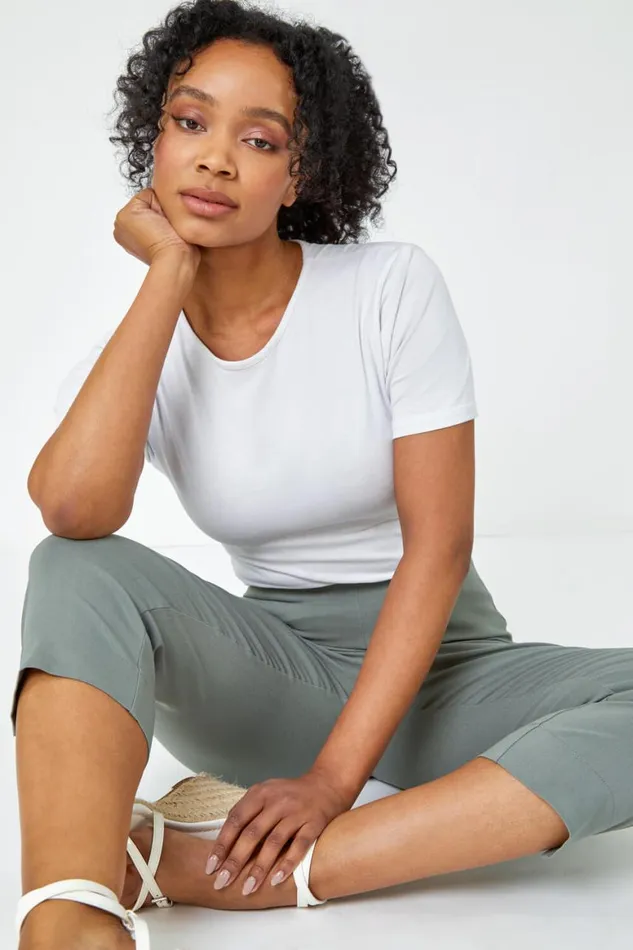 Women Khaki Petite Elastic Waist Stretch Cropped Trouser Roman Trousers
