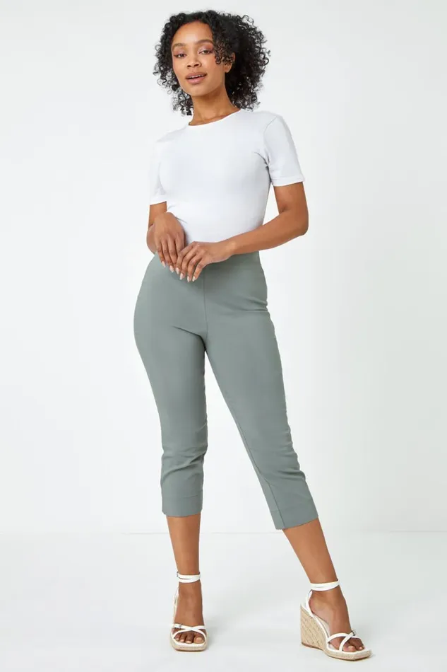 Women Khaki Petite Elastic Waist Stretch Cropped Trouser Roman Trousers