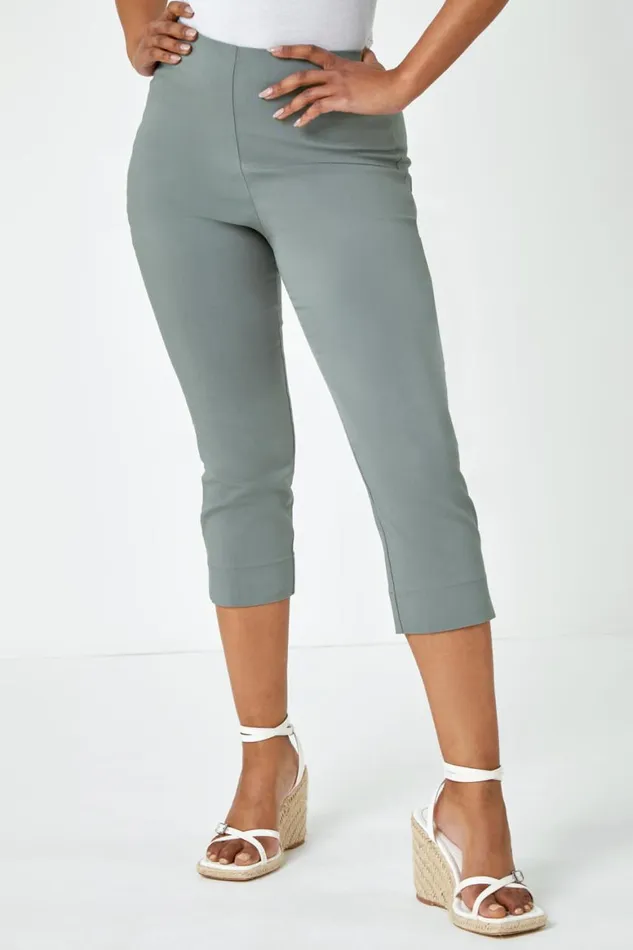 Women Khaki Petite Elastic Waist Stretch Cropped Trouser Roman Trousers