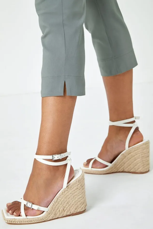 Women Khaki Petite Elastic Waist Stretch Cropped Trouser Roman Trousers