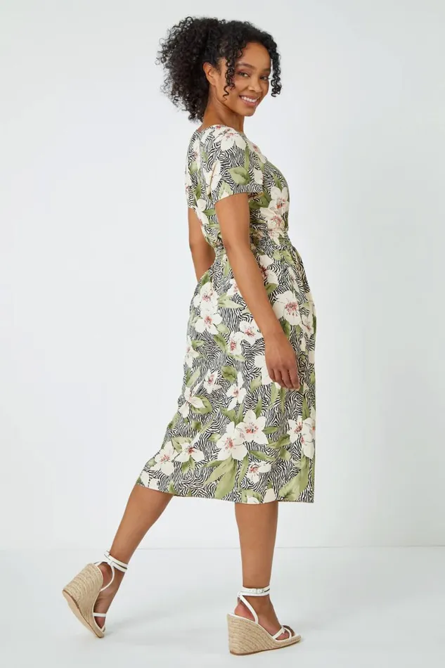 Women Khaki Petite Floral Zebra Print Midi Dress Roman Dresses