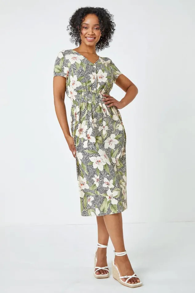 Women Khaki Petite Floral Zebra Print Midi Dress Roman Dresses