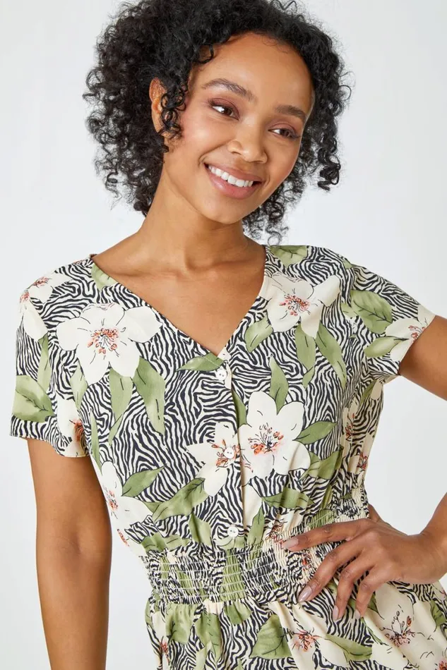 Women Khaki Petite Floral Zebra Print Midi Dress Roman Dresses