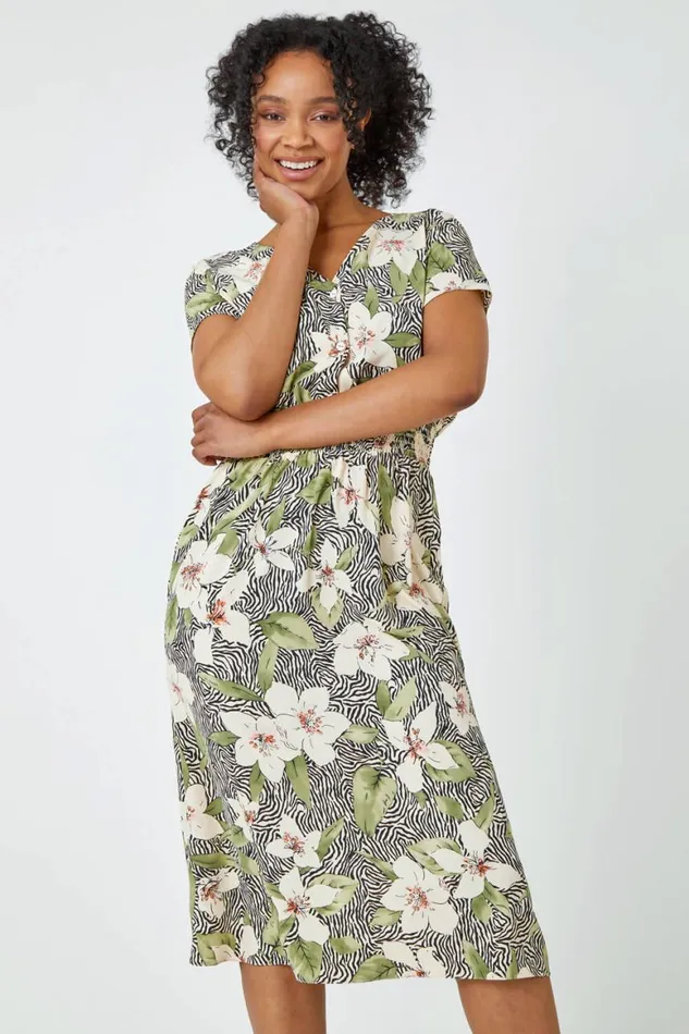 Women Khaki Petite Floral Zebra Print Midi Dress Roman Dresses