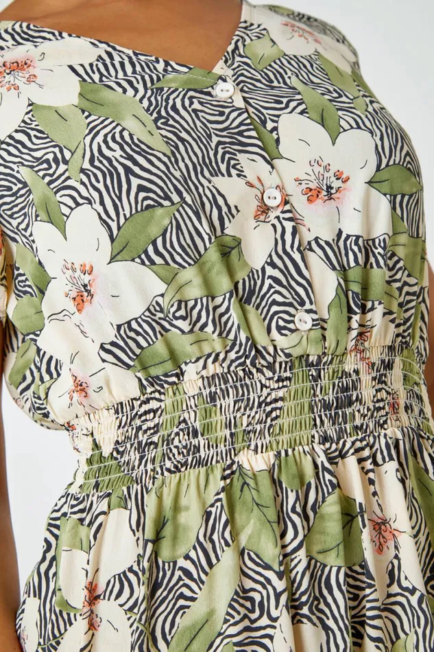 Women Khaki Petite Floral Zebra Print Midi Dress Roman Dresses