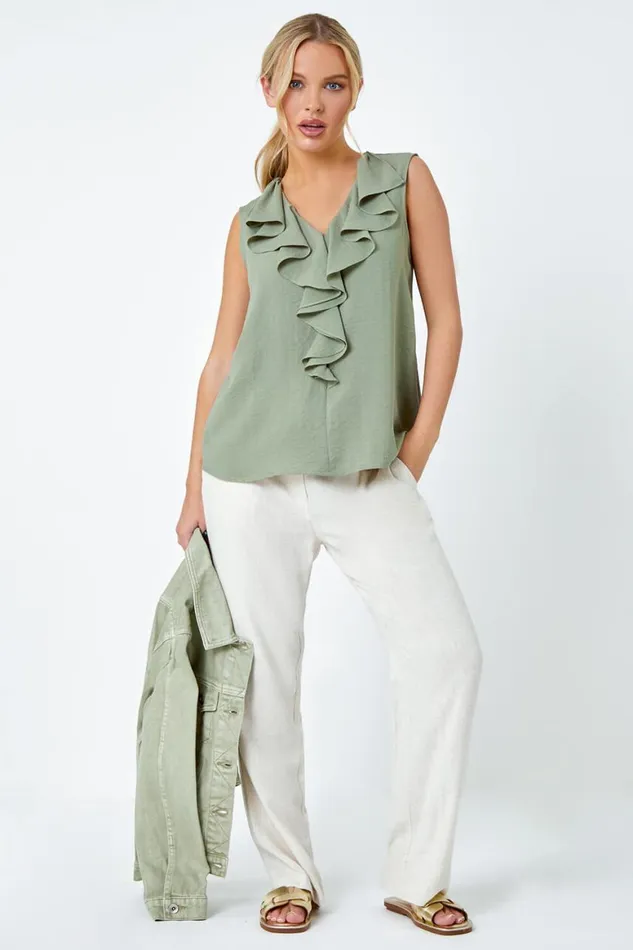 Women Khaki Petite Frill Front Vest Top Roman Tops