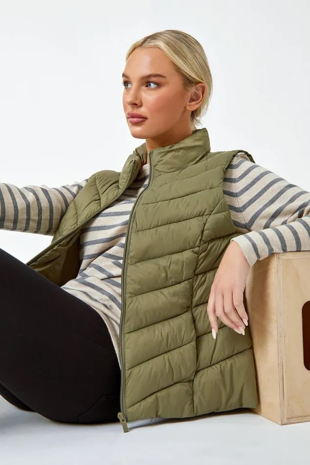 Women Khaki Petite Quilted Padded Gilet Roman Coats