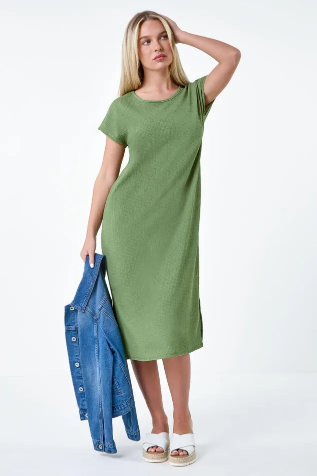 Women Khaki Petite Textured TShirt Stretch Midi Dress Roman Dresses