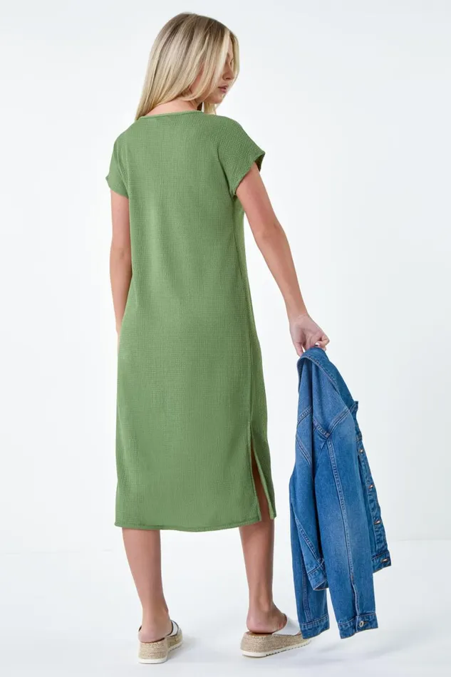 Women Khaki Petite Textured TShirt Stretch Midi Dress Roman Dresses
