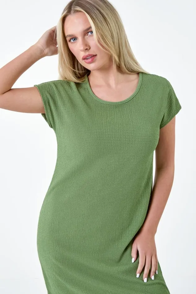 Women Khaki Petite Textured TShirt Stretch Midi Dress Roman Dresses