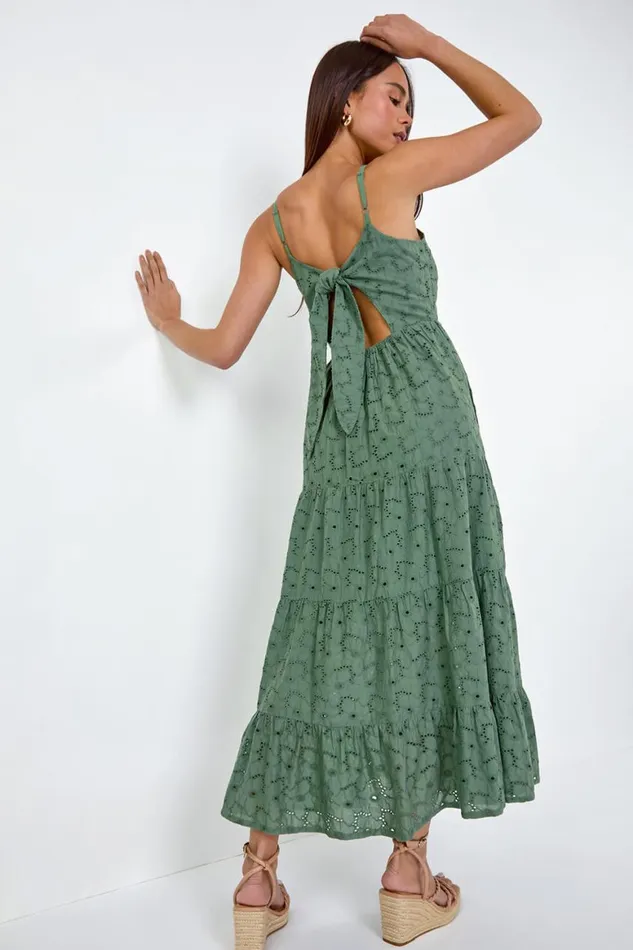 Women Khaki Petite Tie Detail Broderie Dress Roman Dresses