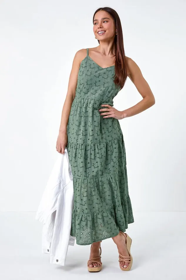 Women Khaki Petite Tie Detail Broderie Dress Roman Dresses
