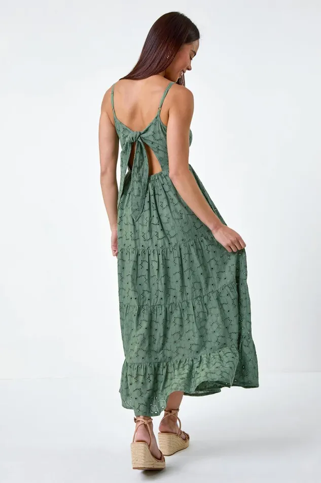 Women Khaki Petite Tie Detail Broderie Dress Roman Dresses