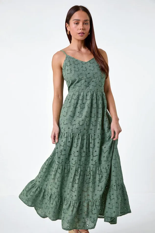 Women Khaki Petite Tie Detail Broderie Dress Roman Dresses