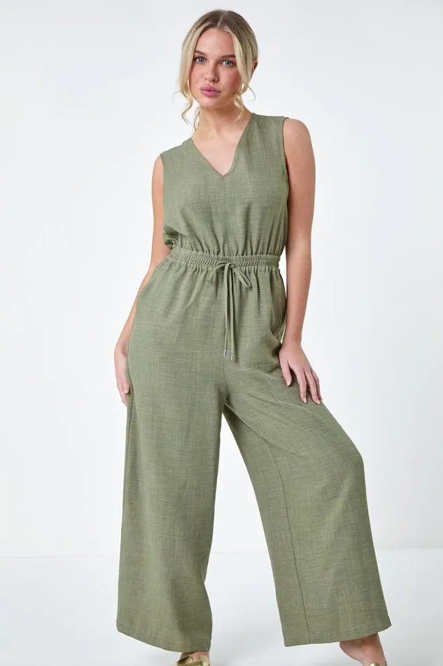 Women Khaki Petite Wide Leg Stretch Jumpsuit Roman Dresses