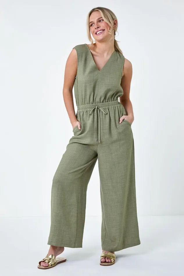 Women Khaki Petite Wide Leg Stretch Jumpsuit Roman Dresses