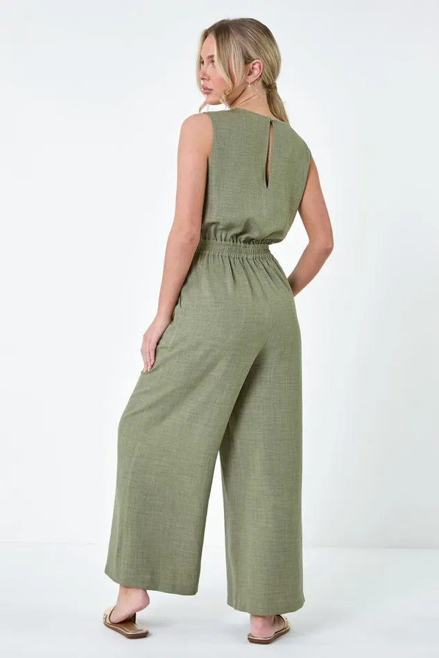 Women Khaki Petite Wide Leg Stretch Jumpsuit Roman Dresses