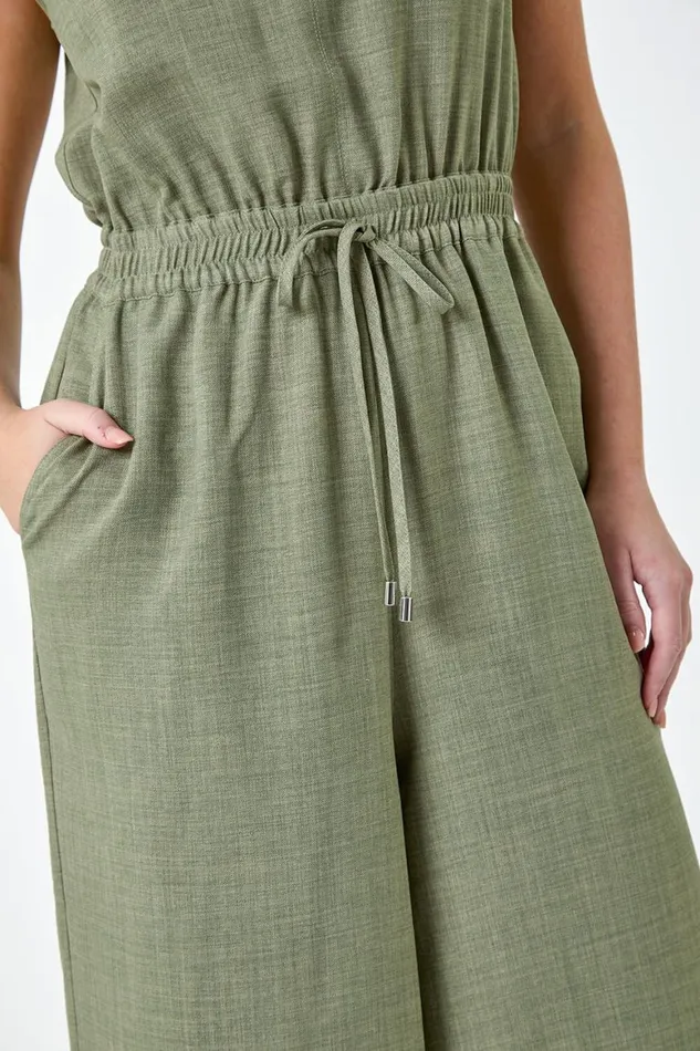 Women Khaki Petite Wide Leg Stretch Jumpsuit Roman Dresses