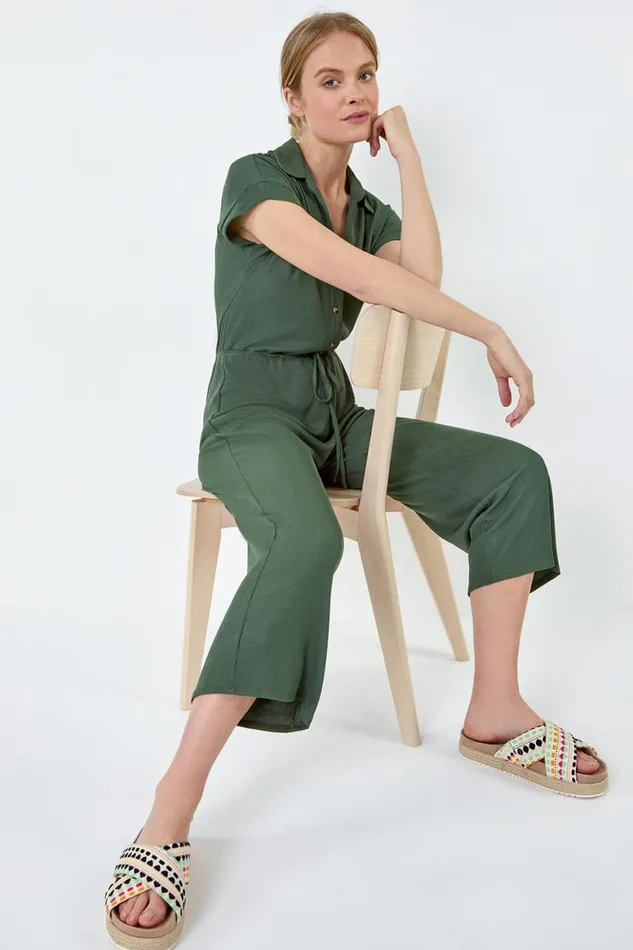 Women Khaki Plain Ribbed Stretch Jersey Jumpsuit Roman Dresses