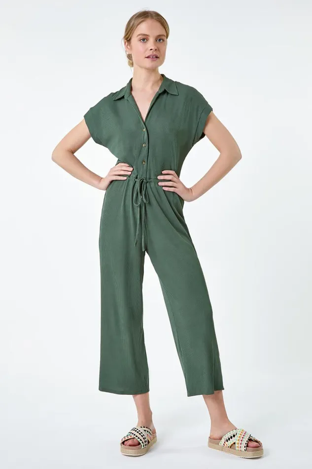 Women Khaki Plain Ribbed Stretch Jersey Jumpsuit Roman Dresses