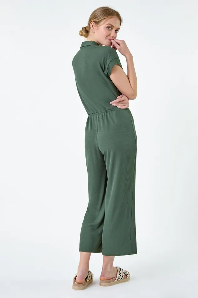 Women Khaki Plain Ribbed Stretch Jersey Jumpsuit Roman Dresses