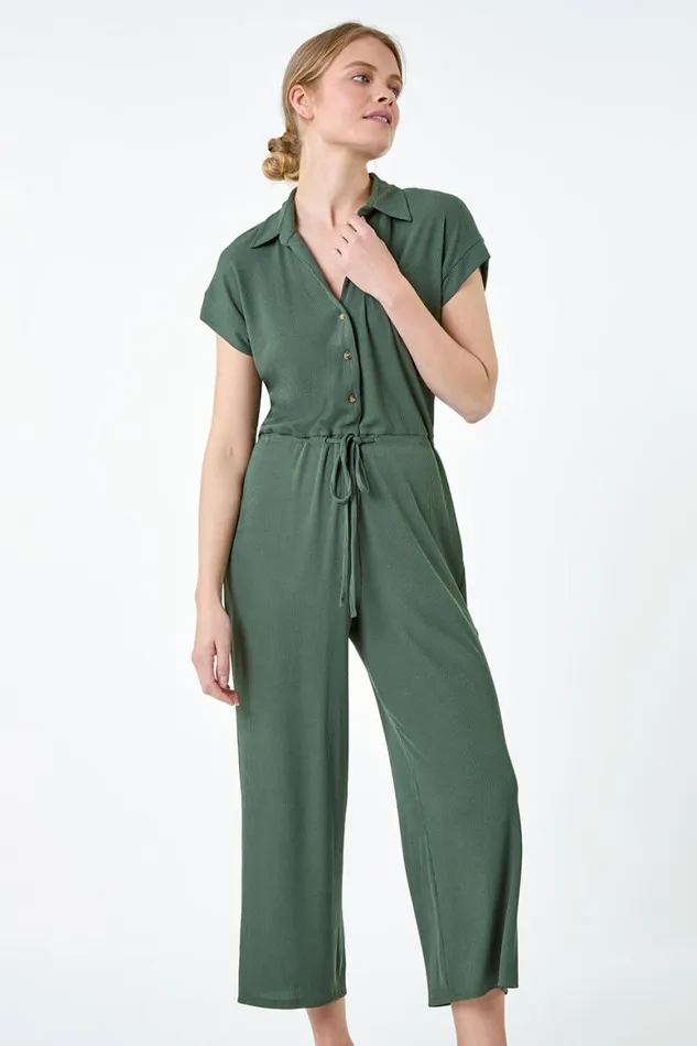 Women Khaki Plain Ribbed Stretch Jersey Jumpsuit Roman Dresses