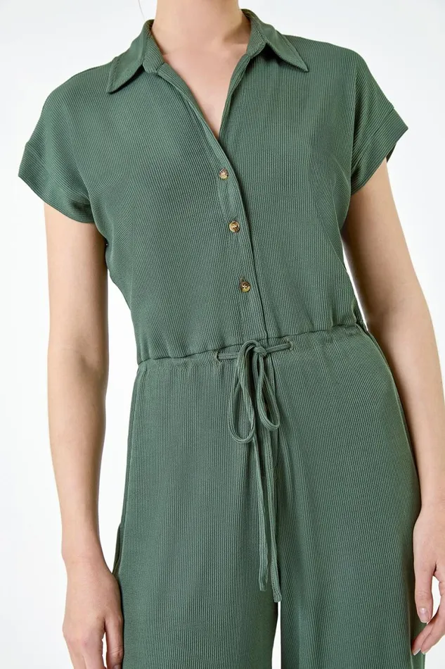 Women Khaki Plain Ribbed Stretch Jersey Jumpsuit Roman Dresses