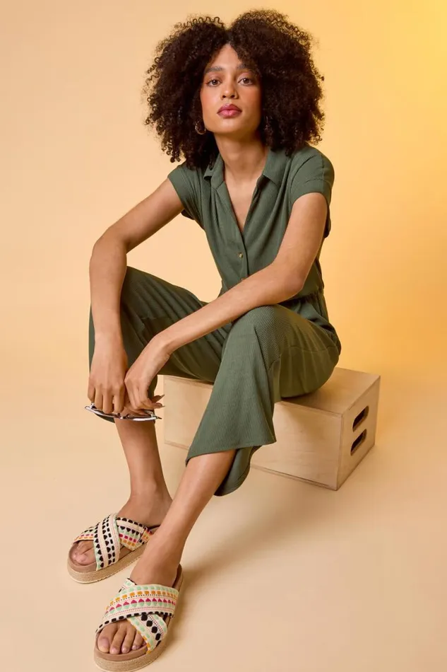 Women Khaki Plain Ribbed Stretch Jersey Jumpsuit Roman Dresses