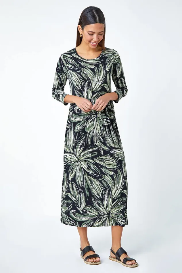 Women Khaki Textured Floral Print Midi Stretch Dress Roman Dresses