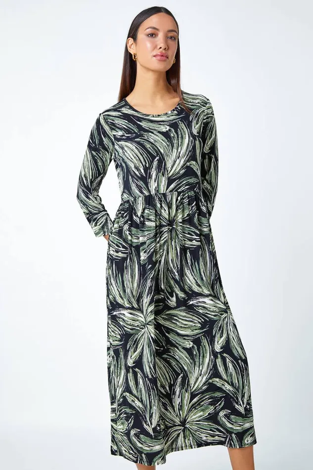 Women Khaki Textured Floral Print Midi Stretch Dress Roman Dresses