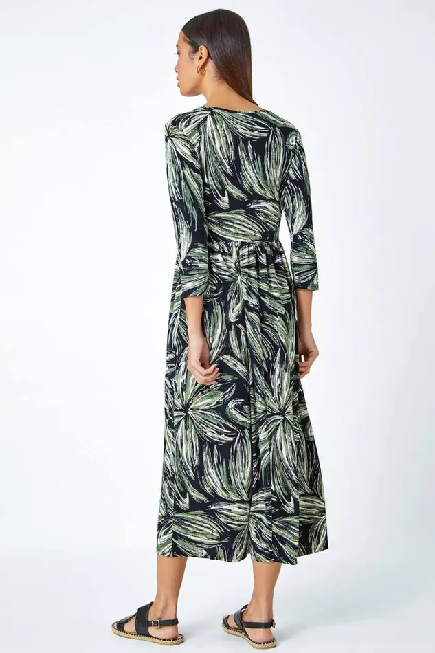 Women Khaki Textured Floral Print Midi Stretch Dress Roman Dresses
