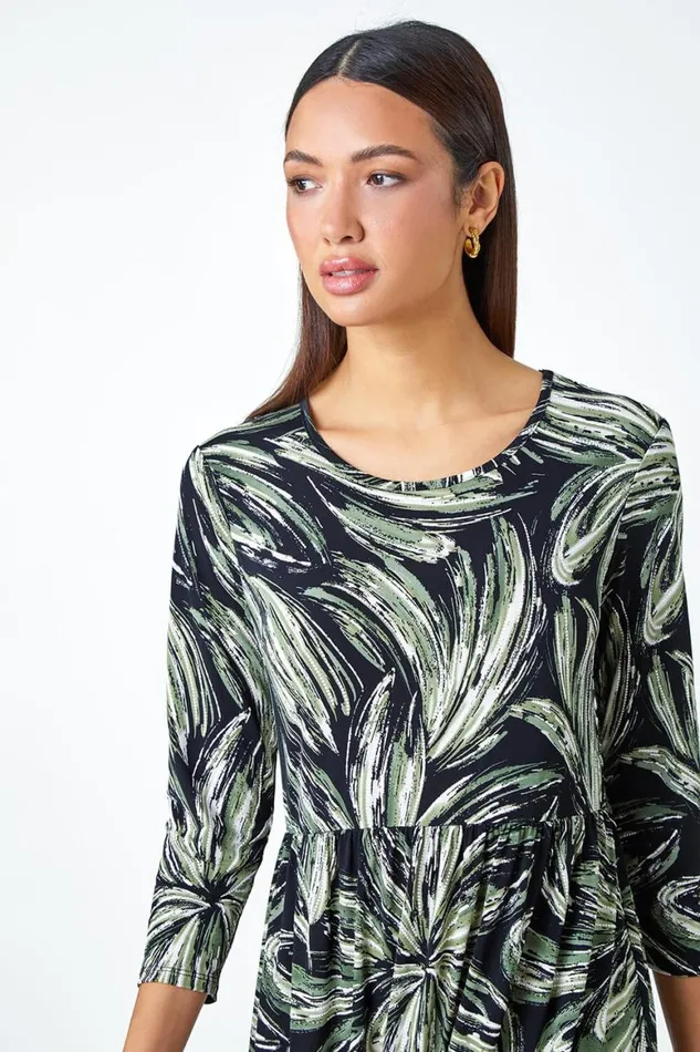 Women Khaki Textured Floral Print Midi Stretch Dress Roman Dresses