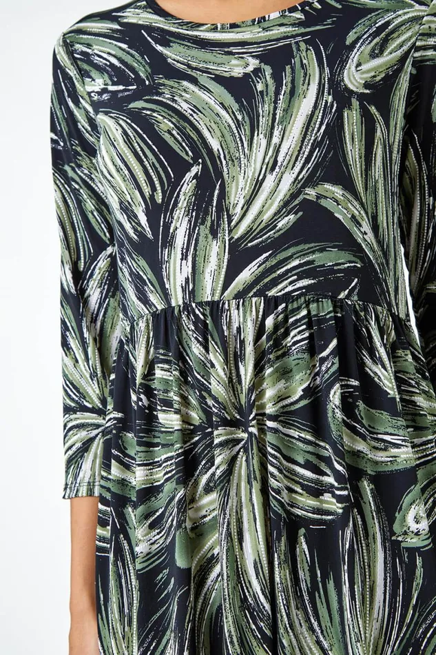 Women Khaki Textured Floral Print Midi Stretch Dress Roman Dresses