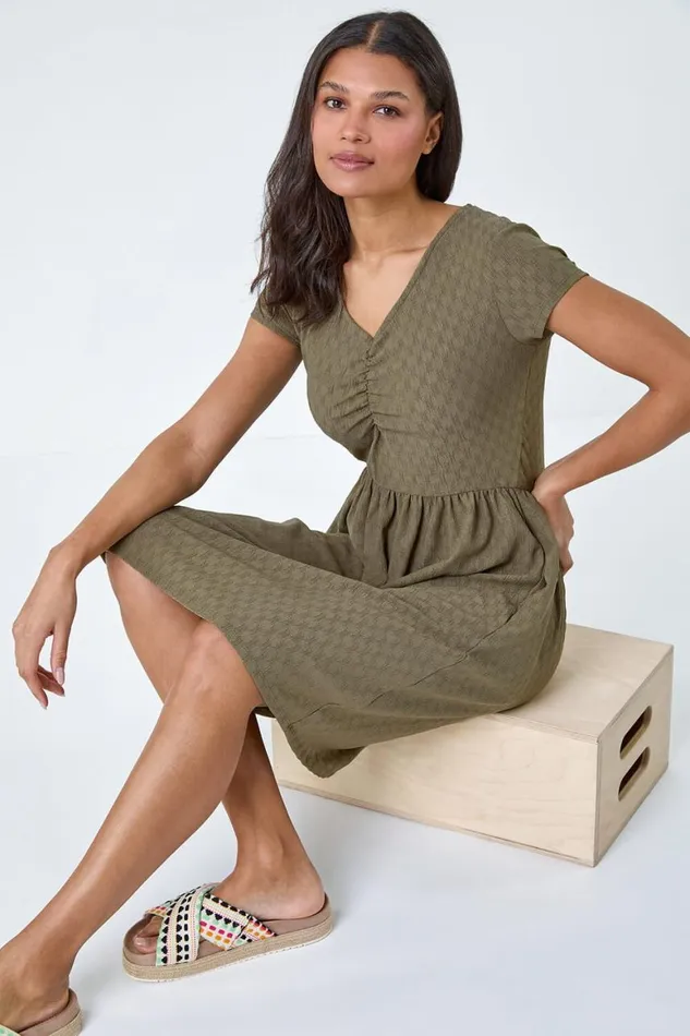 Women Khaki Textured Ruched Stretch Jersey Dress Roman Dresses