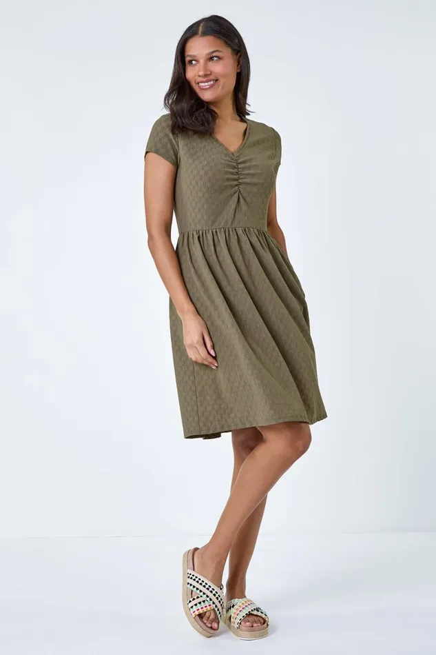 Women Khaki Textured Ruched Stretch Jersey Dress Roman Dresses