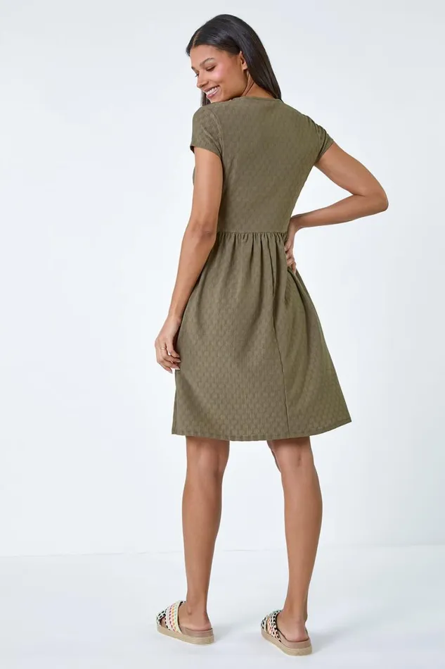 Women Khaki Textured Ruched Stretch Jersey Dress Roman Dresses