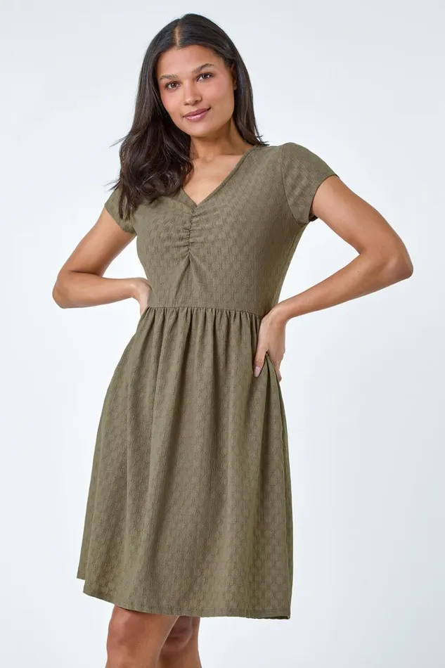 Women Khaki Textured Ruched Stretch Jersey Dress Roman Dresses