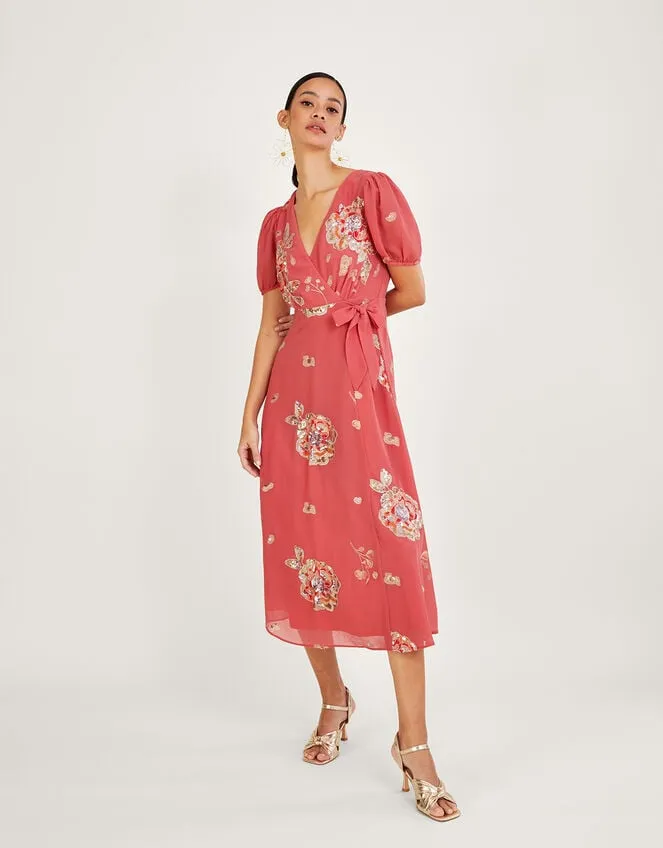 Women Kira Embellished Wrap Dress In Recycled Polyester Pink Monsoon Occasionwear