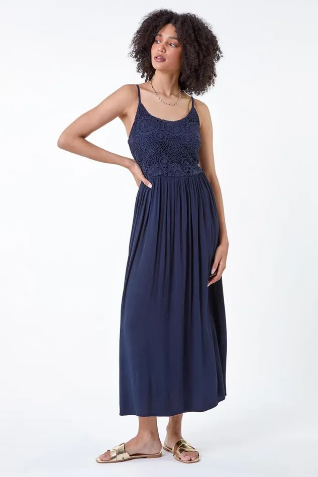 Women Lace Bodice Shirred Midi Dress Roman Dresses